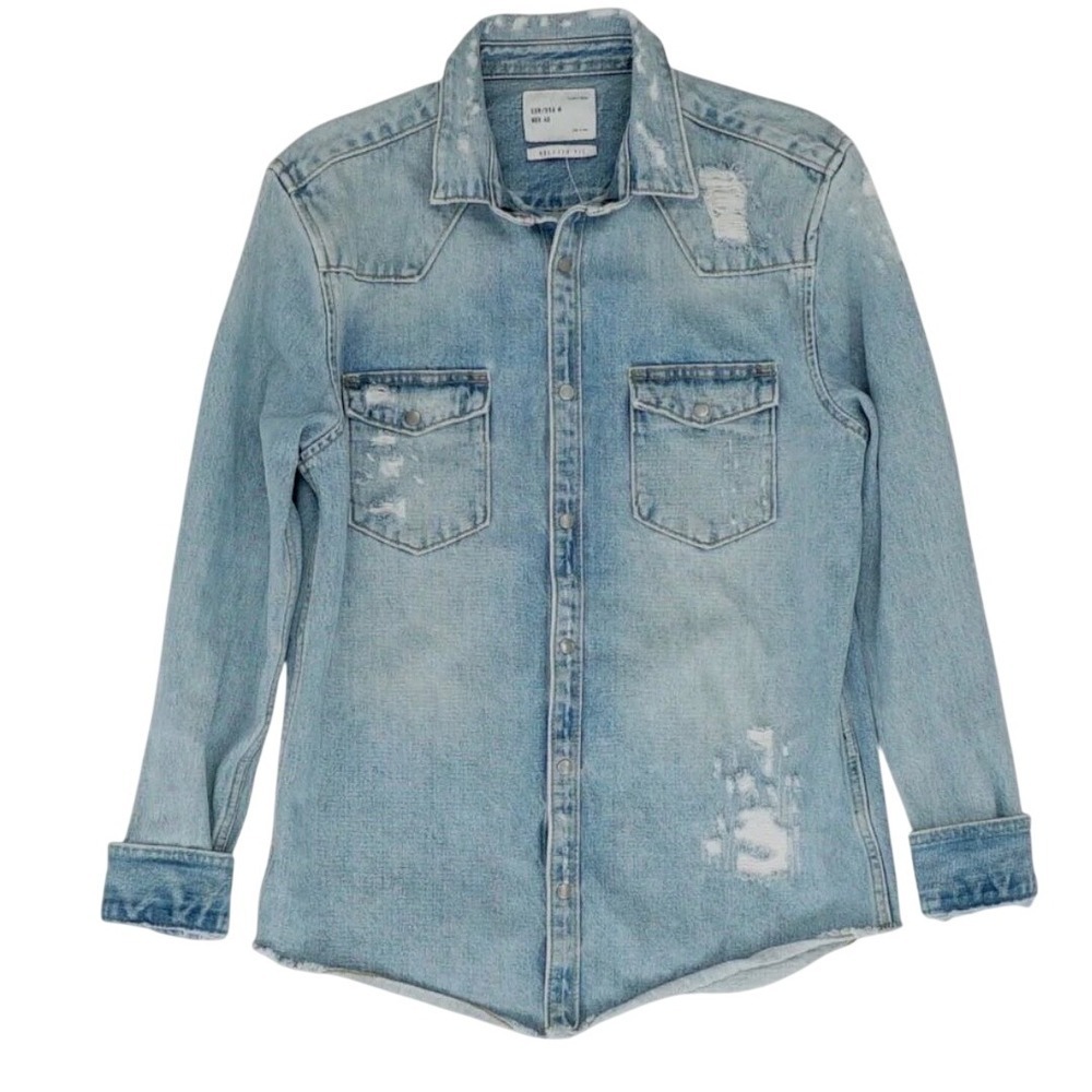 Zara Light Blue Distressed Denim Button-Down Shirt